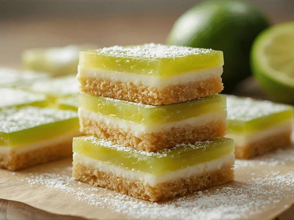 Easy Lime Bars Recipe with clean cuts and soft crumb;