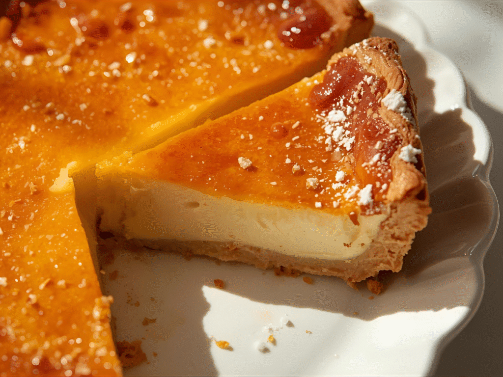 Custard-style Salted Honey Pie with browned top and sea salt crystals, honey dipper nearby. 