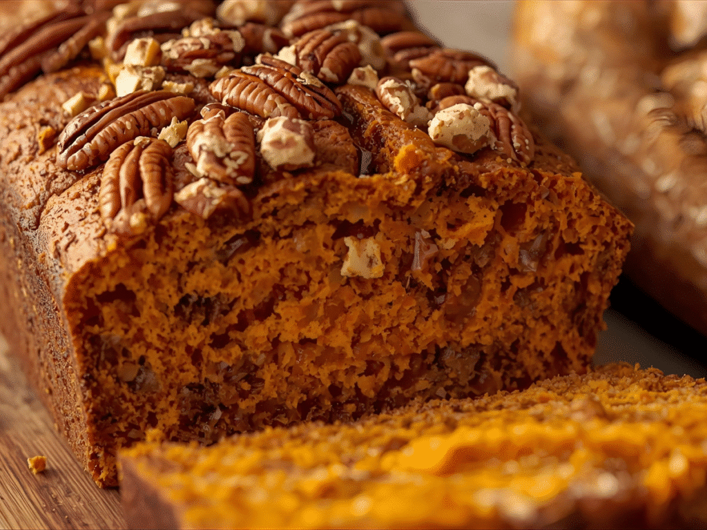 Sweet Potato Pecan Bread: Moist Sweet Potato Pecan Bread loaf showing orange crumb and pecan flecks.​