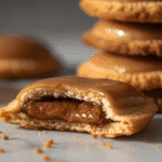 Alt: Brown Sugar Pop Tart Cookies, split cookie revealing cinnamon center.