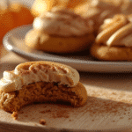 Soft pumpkin cookies stacked with cinnamon frosting spiral, spice dusted.