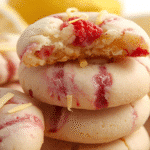 Stack of Lemon Raspberry Cookies on ceramic plate with crumbs.​
