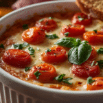 Cheesy Bruschetta Dip topped with tomatoes and basil, served warm with toasted baguette.