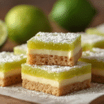 Lime Bars Recipe close‑up showing glossy filling on golden crust;