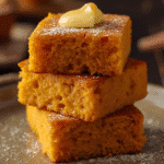 Alt Text: Hands holding a piece of warm honey butter sweet potato cornbread.