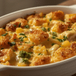 Alt Text: Family style serving of baked chicken and potato casserole.