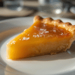 Alt: Whole Salted Honey Pie on pie plate, glossy custard surface speckled with sea salt, rustic tabletop.