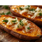 Close‑up of Parmesan‑crusted sweet potato wedges with parsley.​