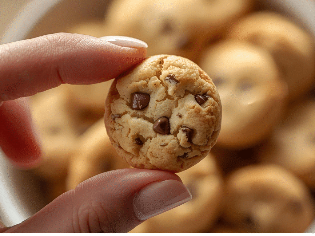 Mini chocolate chip cookies stacked on white plate with mini chips dish and crumbs.​