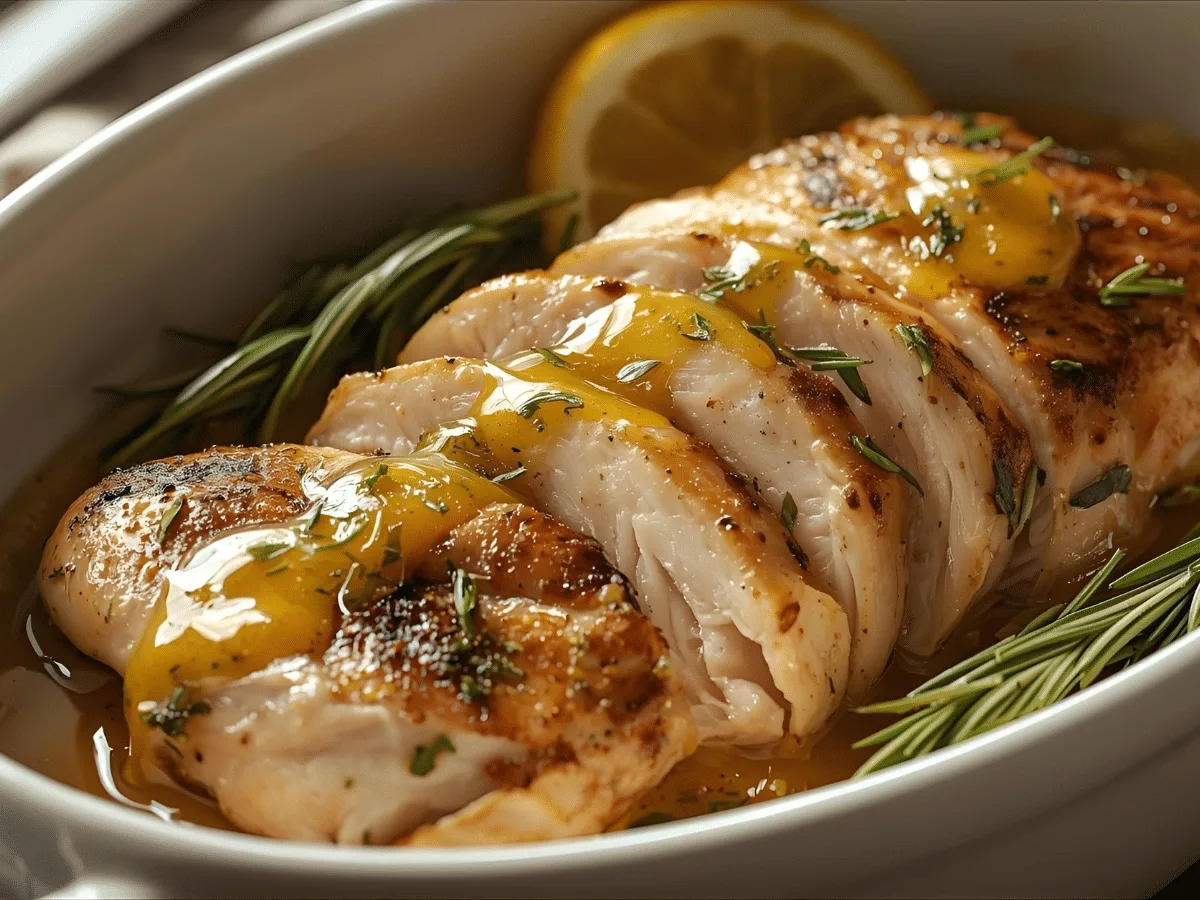 Alt Text: Zesty rosemary lemon chicken fresh from oven in cast iron skillet with lemon wedges (108 chars)​