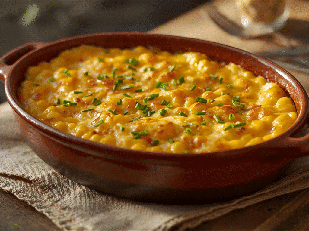 Golden corn casserole with cheddar, green chilies, sour cream, and sweet corn baked in a white dish.