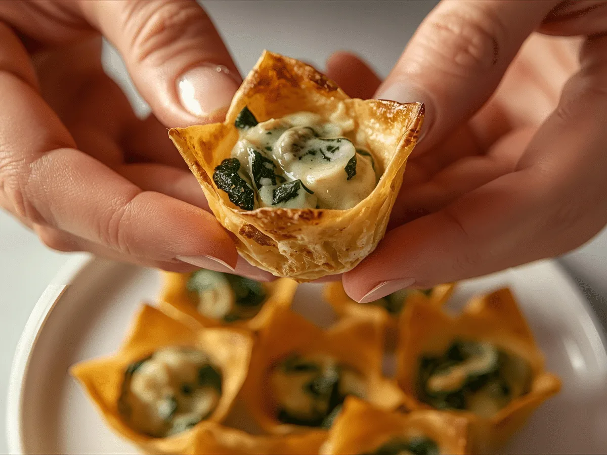 Spinach & Artichoke Wonton Cups baked golden in a muffin pan; crispy wonton shells with creamy dip
