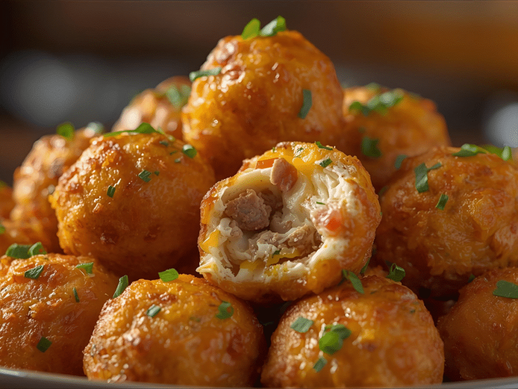Rotel Cream Cheese Sausage Balls baked to golden perfection with visible Rotel flecks.​
