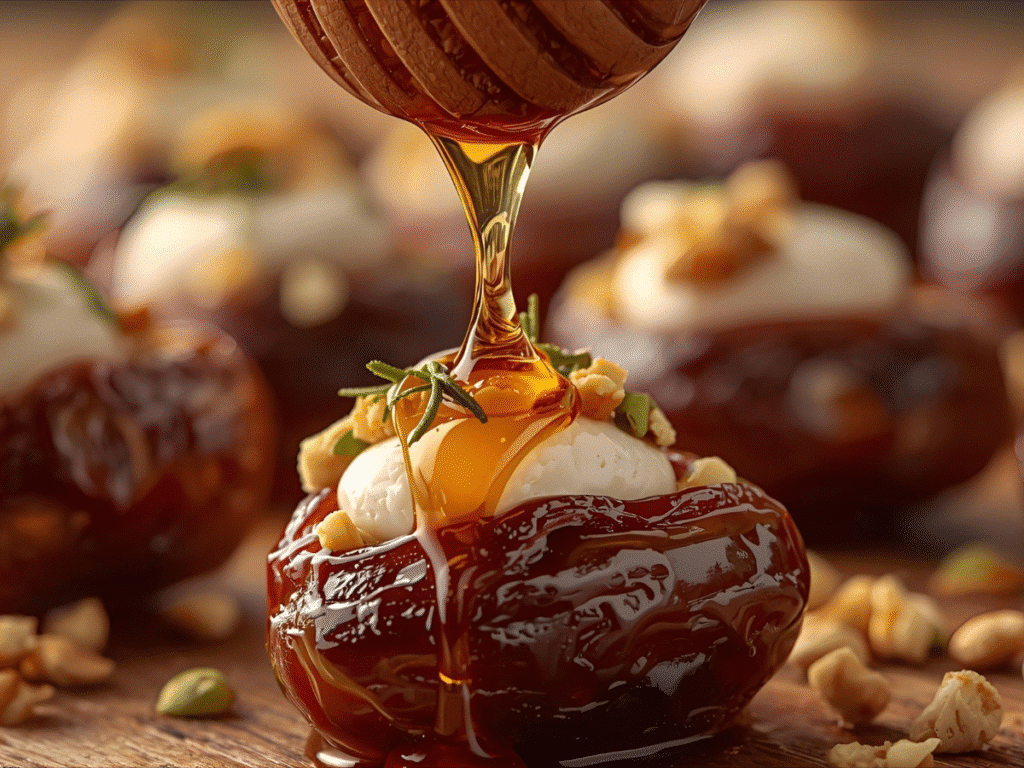 Stuffed Dates With Goat Cheese topped with walnuts and honey on a white platter, elegant party finger food.​