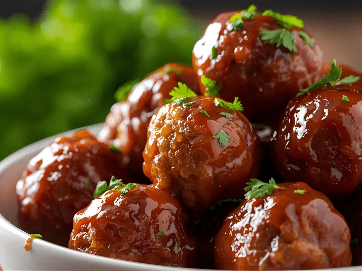 Sticky Honey BBQ Crockpot Meatballs in glossy sauce with parsley and toothpicks.​