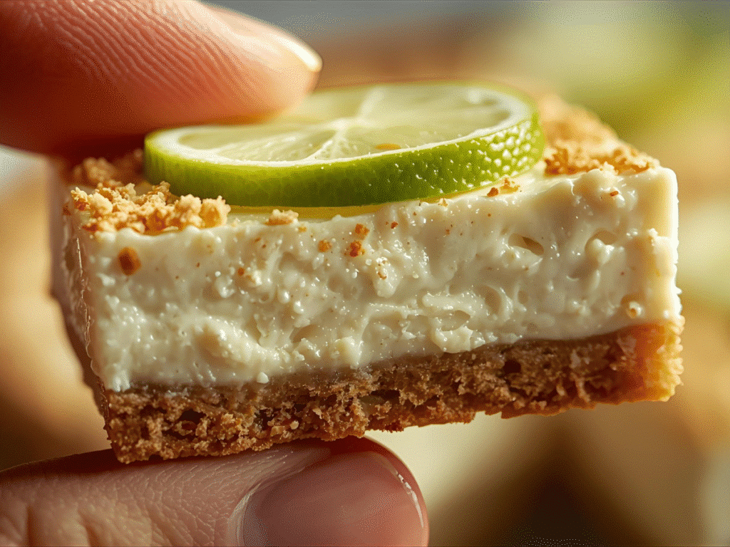 Feature v1: Alt: Key Lime Pie Bars with graham crust and pale‑green key lime filling, topped with lime zest.