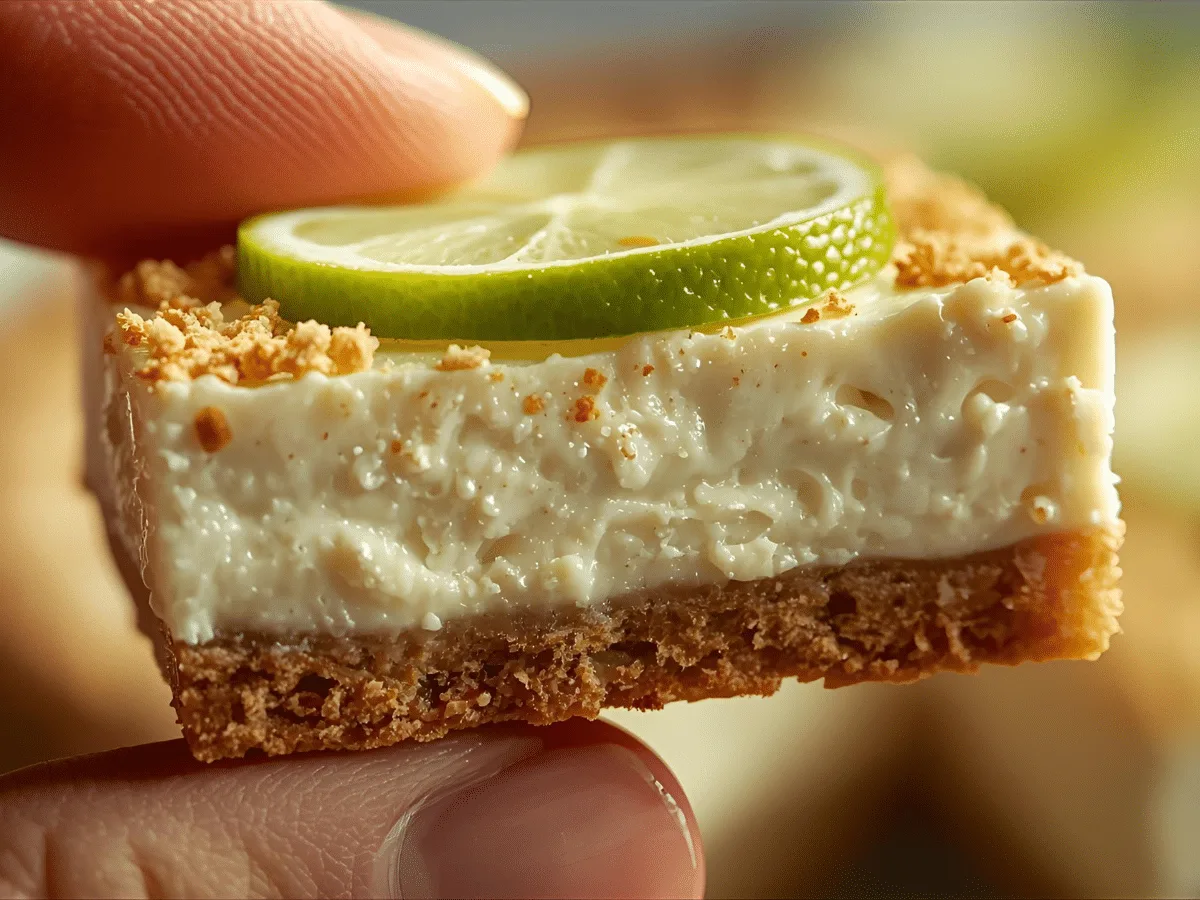 Feature v1: Alt: Key Lime Pie Bars with graham crust and pale‑green key lime filling, topped with lime zest.
