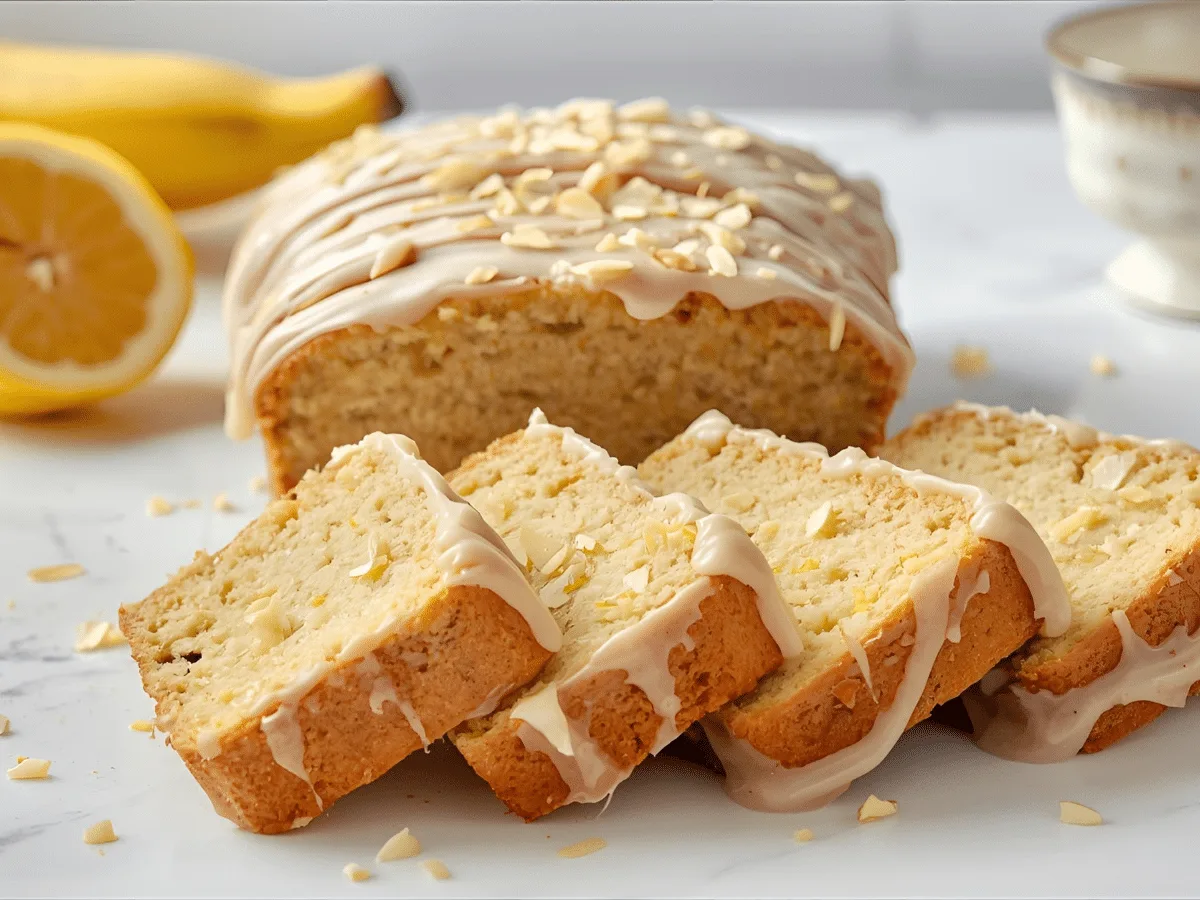 Moist lemon banana bread with lemon glaze and sliced almonds on rack.