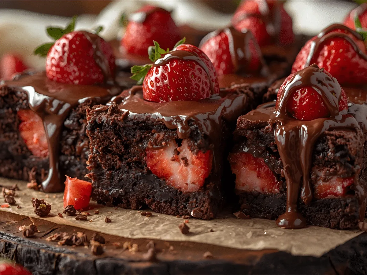 Rich chocolate covered brownies topped with fresh strawberries, shot in natural light.