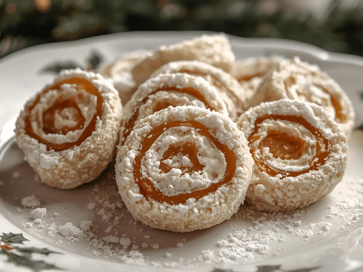 Alt Text: Potato candy swirls with peanut butter, arranged on a white marble platter