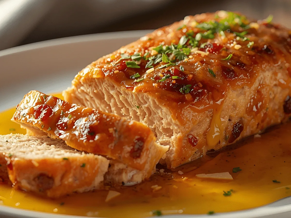 Golden-baked Garlic Parmesan Chicken Meatloaf with herbs