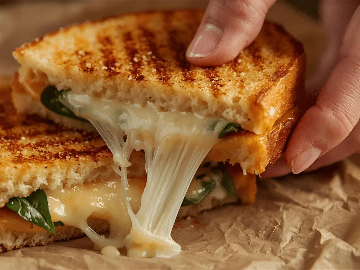 Close up of a Mediterranean grilled cheese cut in half revealing melted mozzarella and spinach on sourdough bread.