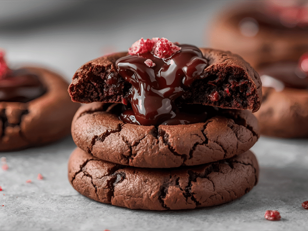 Soft Chocolate Cherry Thumbprint Cookies on a cooling rack with fresh cherries.
