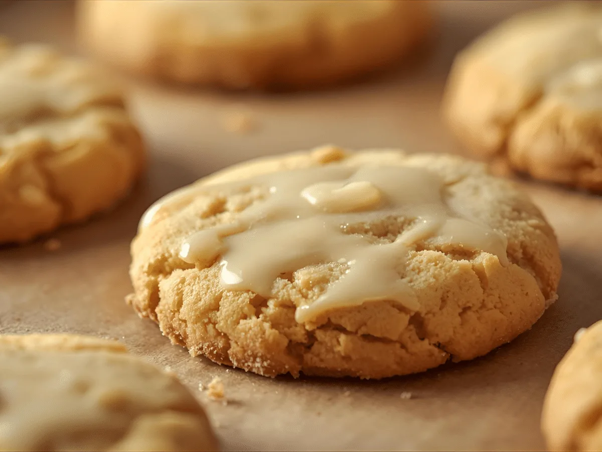 Glazed Kentucky Butter Cake Cookies with buttery vanilla sheen on a white plate.​