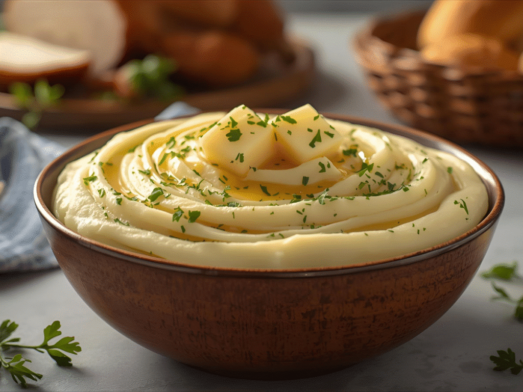Creamy mashed potatoes with melted butter and chives in a ceramic bowl, ready to serve.​