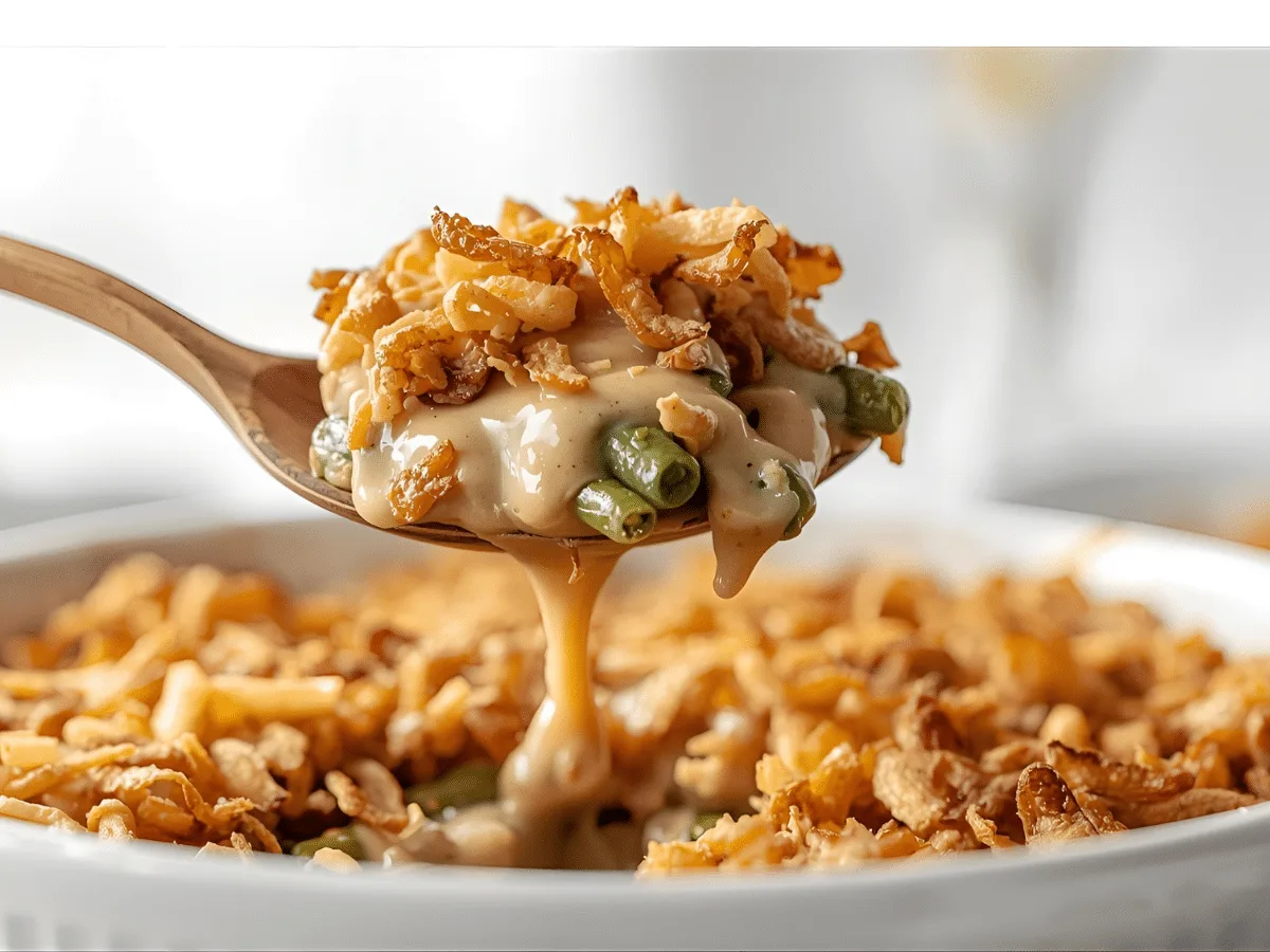 Green bean casserole with creamy mushroom sauce and crispy fried onions baked in a white dish.