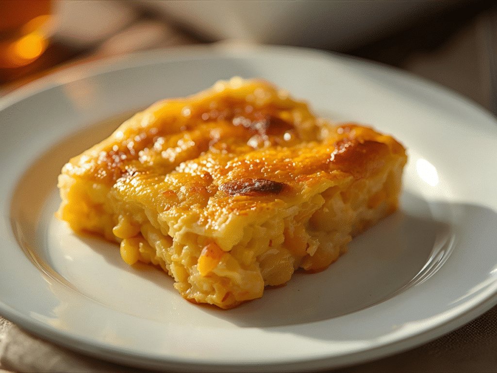Corn casserole baked golden with cheddar, sour cream richness, and green chilies in a white baking dish.