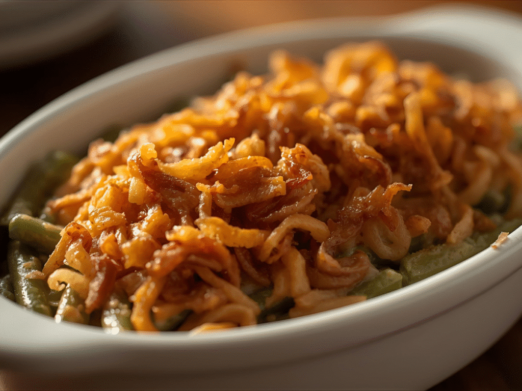 Classic green bean casserole with creamy sauce and crispy fried onions in a white baking dish. 