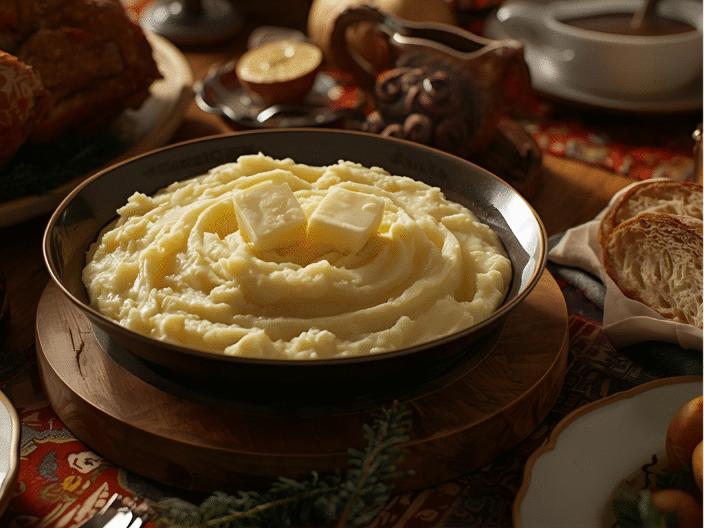 Mashed Potatoes Recipe : Fluffy mashed potatoes with butter well and chives;