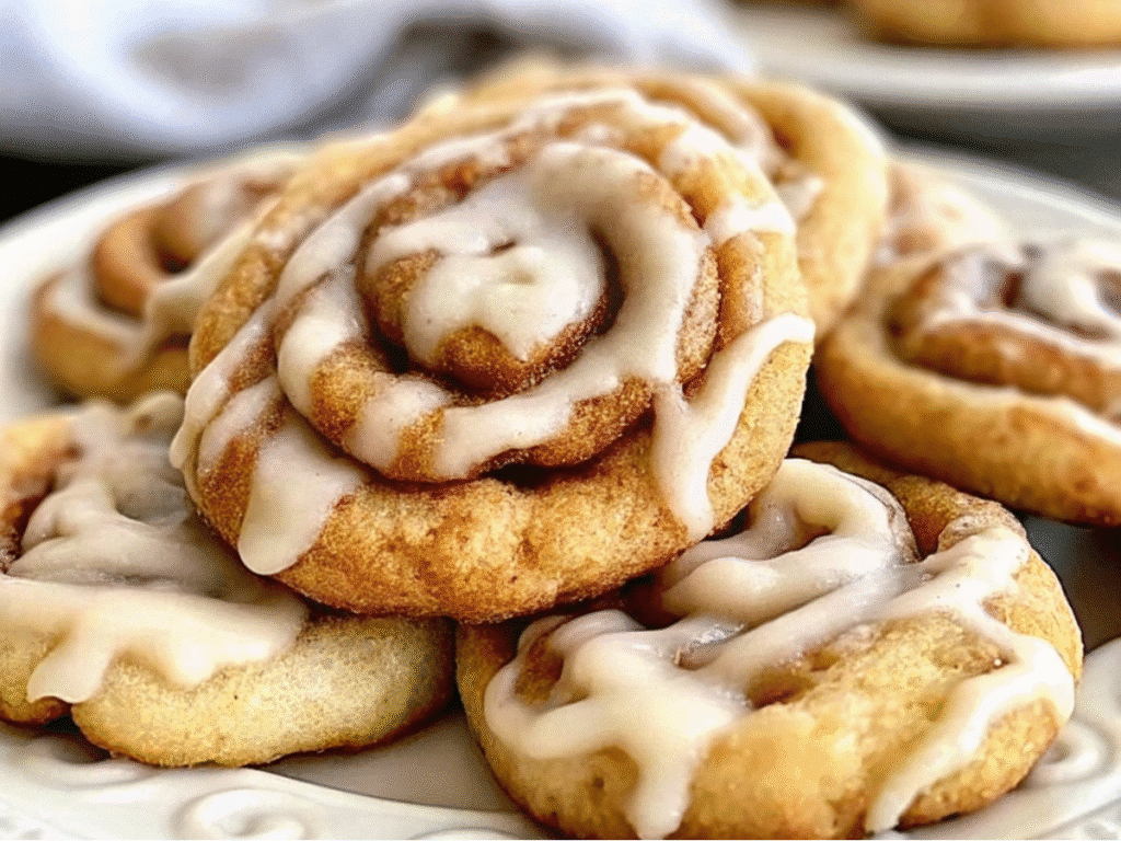 Cinnamon Roll Cookies Swirls on parchment with thin icing and warm light, Easy Fall Baked Goods. 