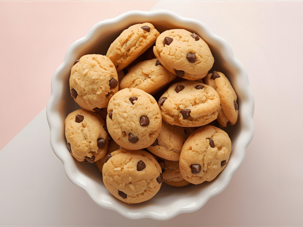 Mini chocolate chip cookies stacked with mini chips dish and crumbs on parchment.
