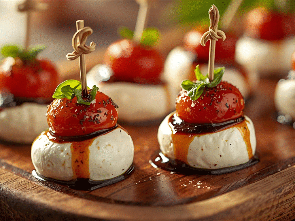 Feature v1 — Alt: Mini Caprese Bites skewers with tomato, basil, mozzarella, and balsamic glaze for Easy Small Bites; 