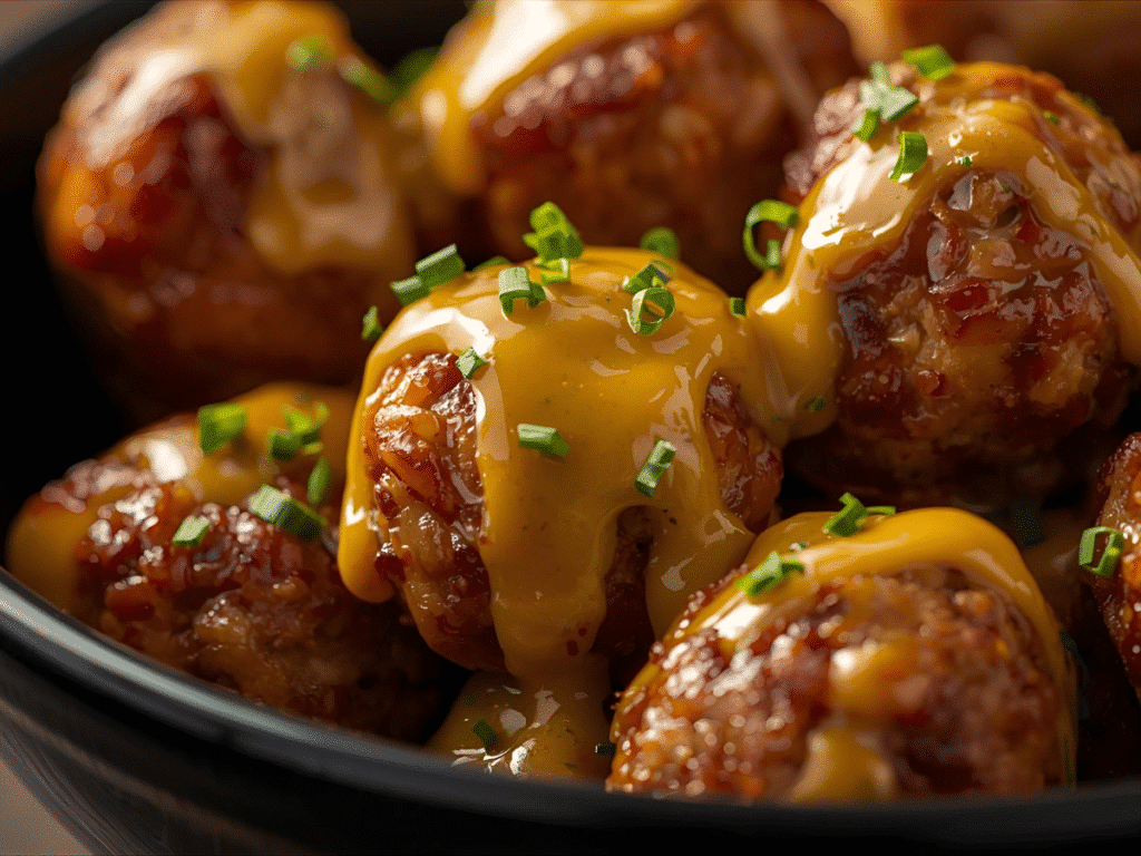 Korean BBQ Meatballs with spicy mayo dip and sesame‑scallion garnish.​