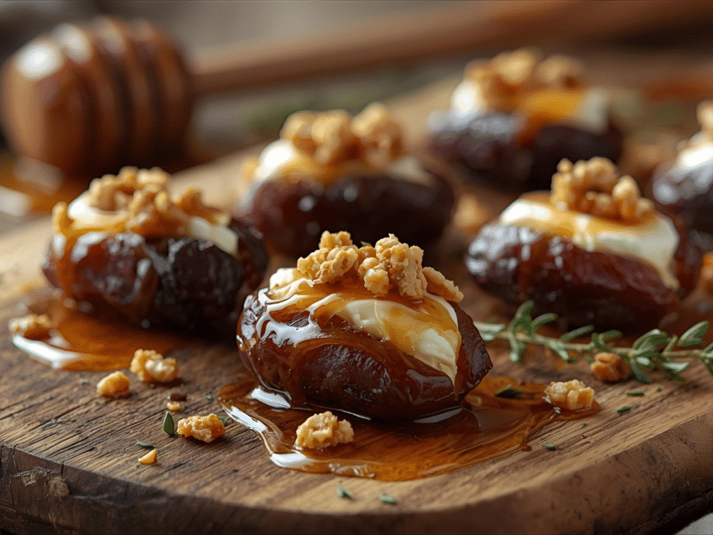 Goat cheese stuffed dates with walnuts and honey threads on a ceramic platter, party small bites. 