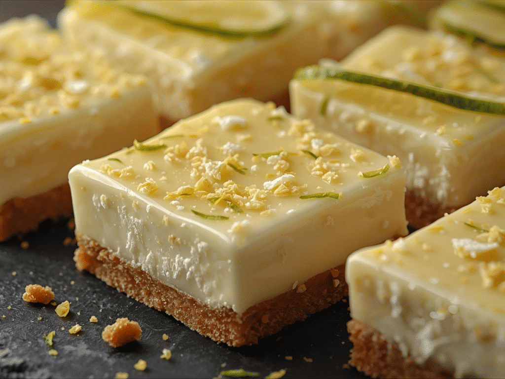 Stacked Key Lime Pie Bars showing creamy filling and graham crust with lime slice garnish.