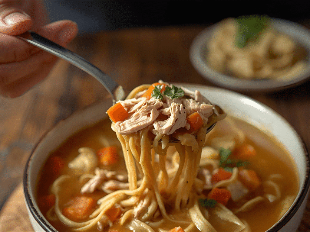 Crockpot chicken noodle soup with classic egg noodles and herbs in clear broth