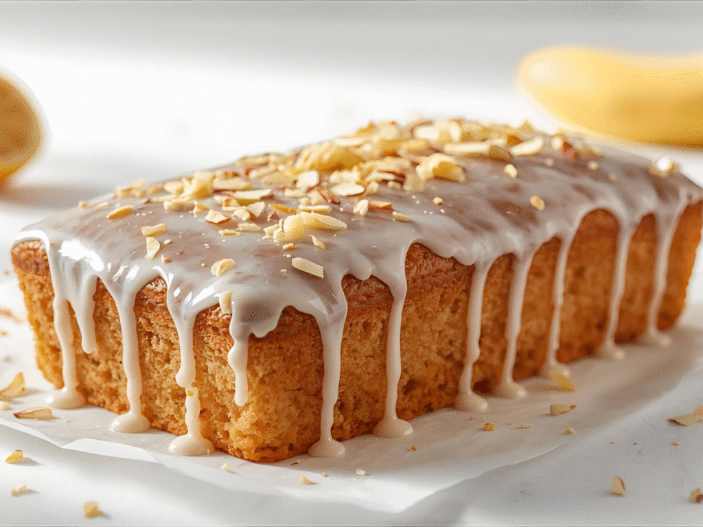 Overhead lemon banana loaf with citrus glaze ribbons and almonds.