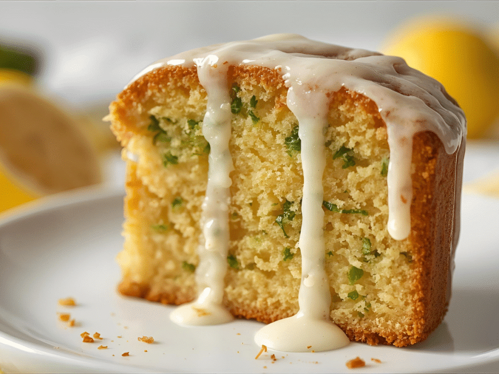 Alt: Moist lemon zucchini bread loaf with fresh lemon juice glaze and grated zucchini crumb​