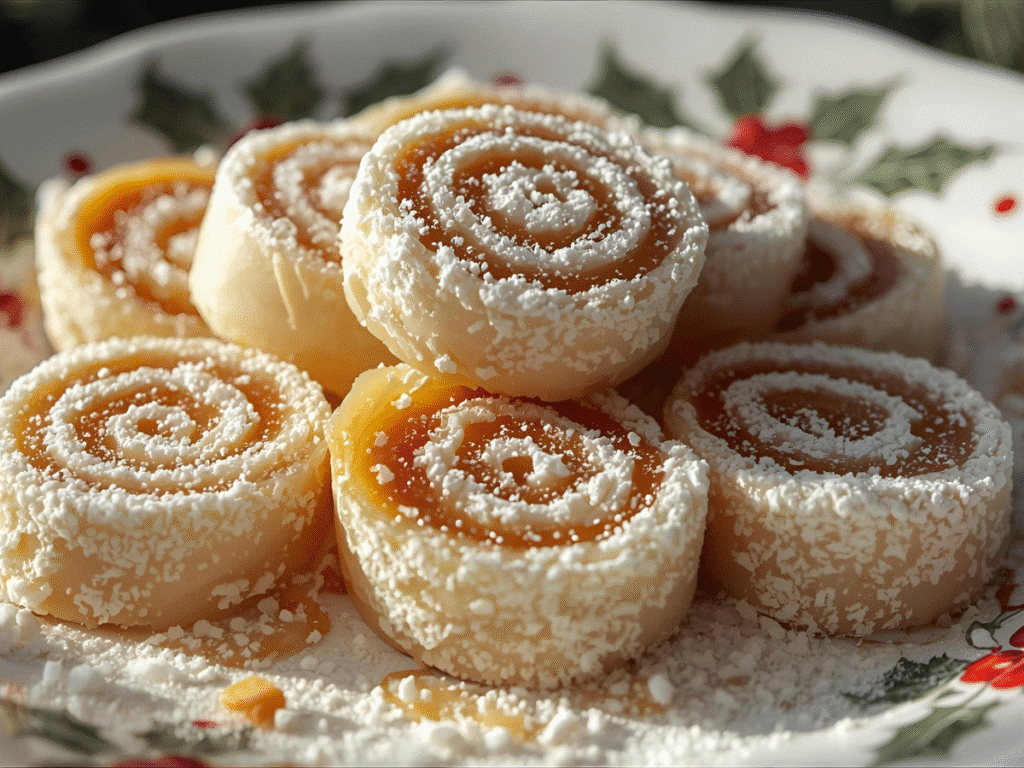 Alt Text: Stacked potato candy rolls on a vintage glass plate with holiday napkin