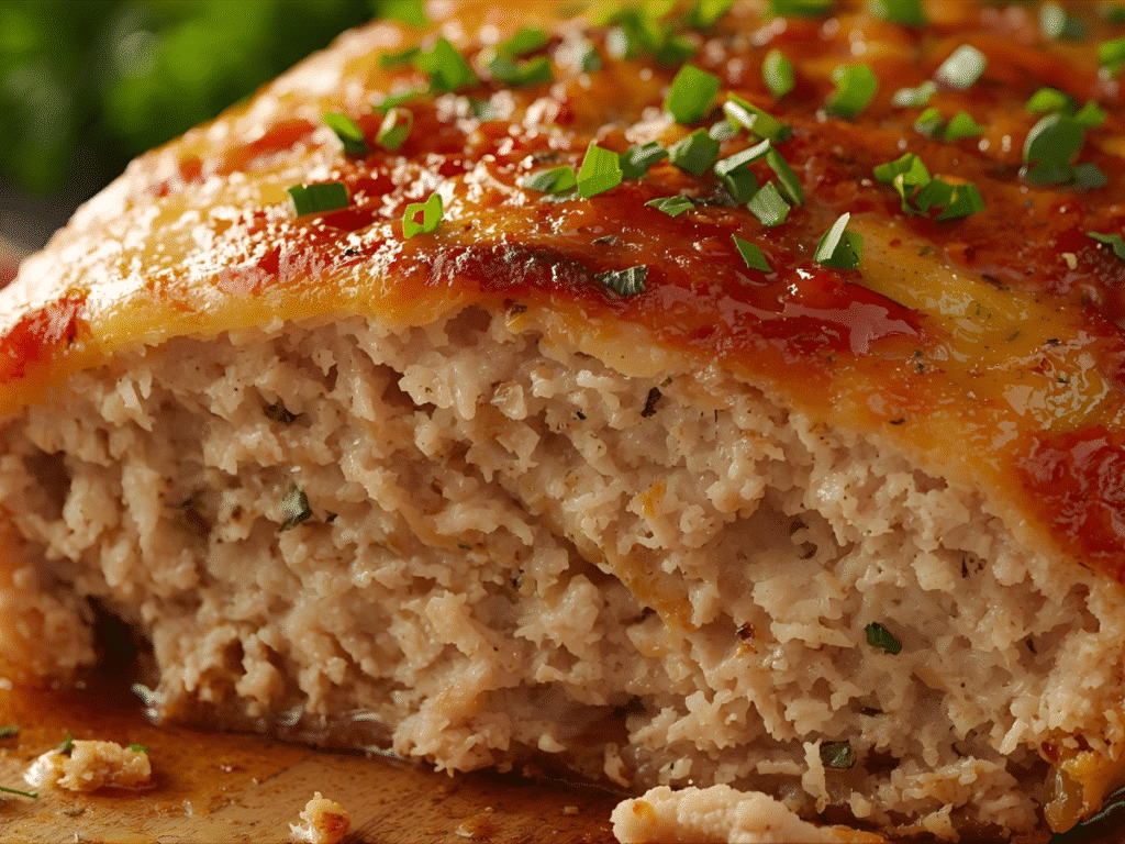 Juicy Garlic Parmesan Chicken Meatloaf on rustic wooden board	