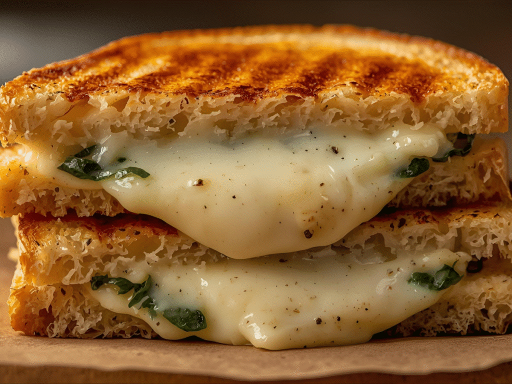 Alt Text: Golden brown grilled cheese sandwich stacking on a white plate with fresh basil and mediterranean sandwich ingredients.