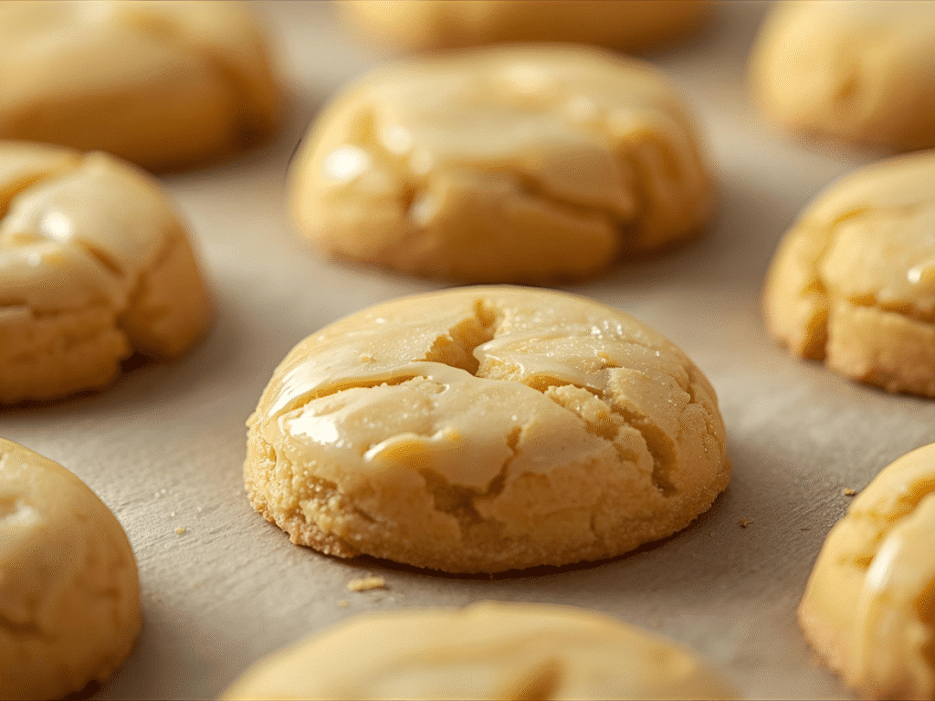 Soft Kentucky Butter Cake Cookies with glossy butter-vanilla glaze on a white plate.​