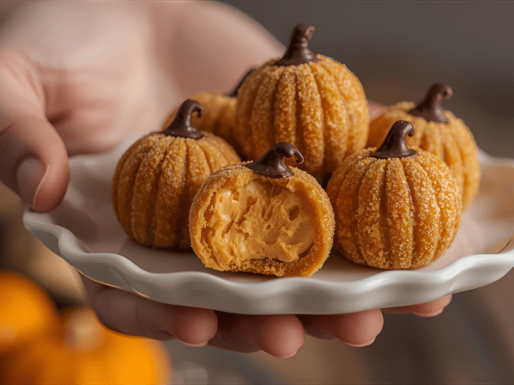 Cluster of sugar-coated pumpkin cheesecake truffles on rustic wooden board surrounded by autumn leaves