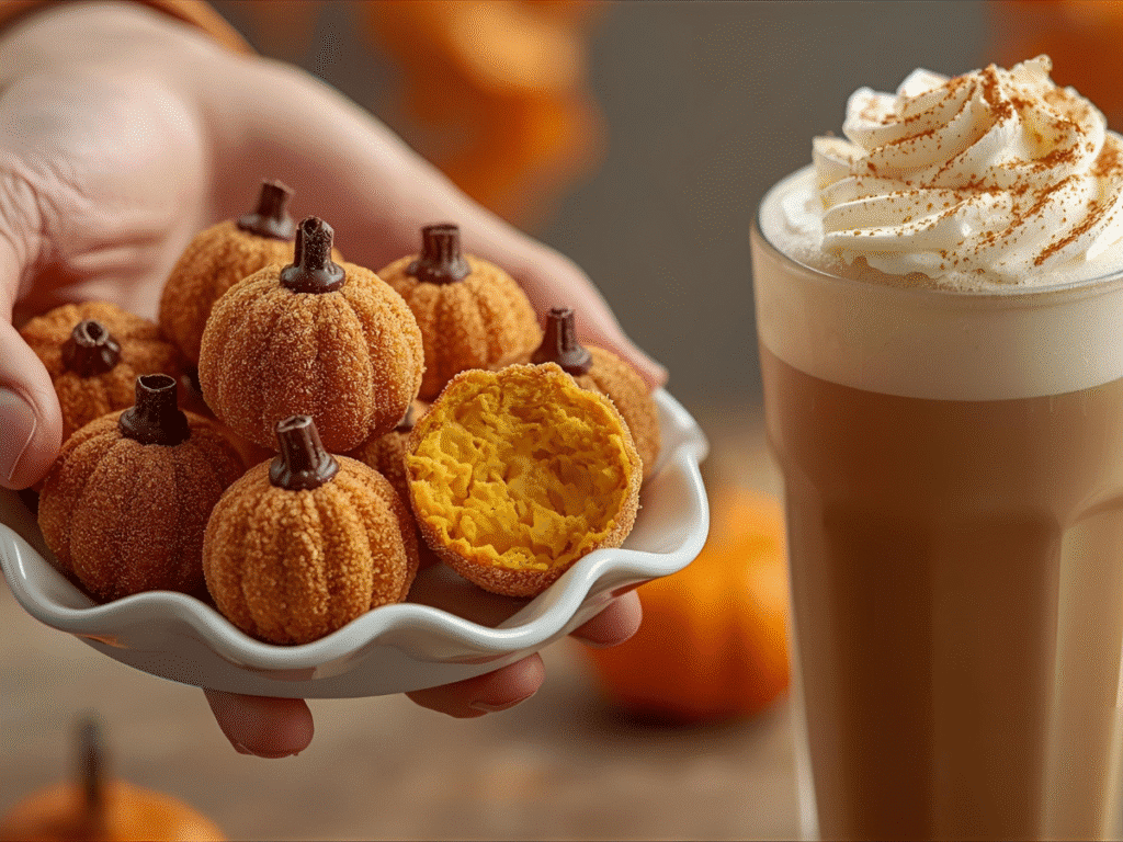 Side close-up of single sugar-coated pumpkin cheesecake truffle held between fingers over festive plate