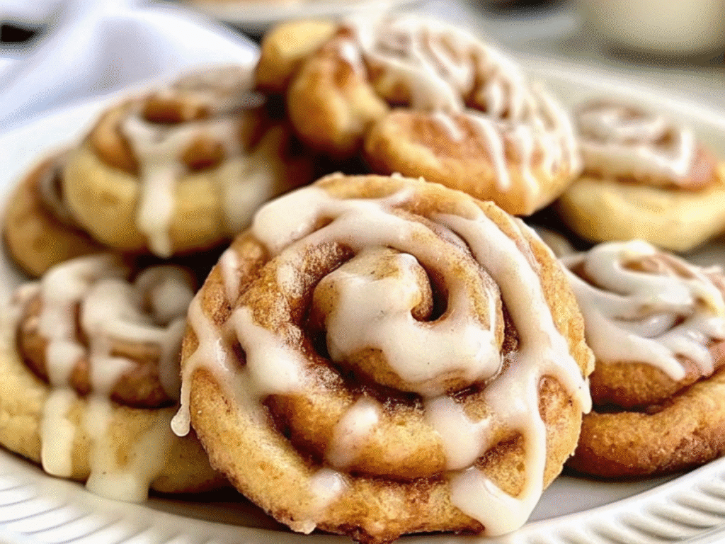 Stacked Cinnamon Roll Cookies Swirls showing spiral and glaze lines, Cinnamon Roll Dessert vibe. 