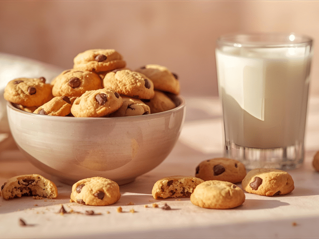 Overhead plate of mini chocolate chip cookies with scattered tiny cookies.